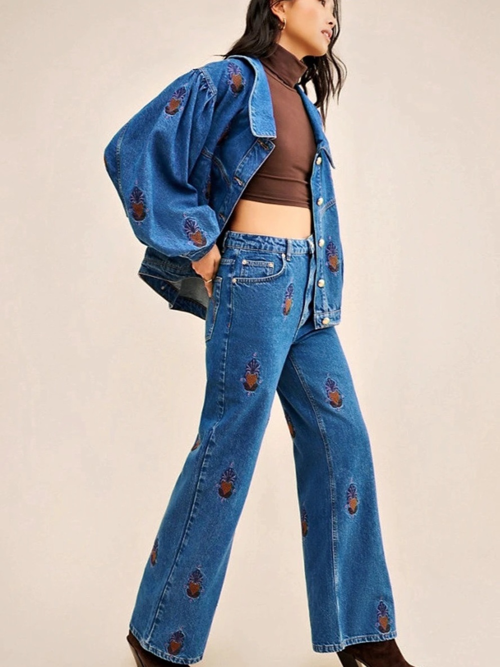 Farm Rio Deep Trance Floral Embroidered Wide Leg Jeans Wide Leg